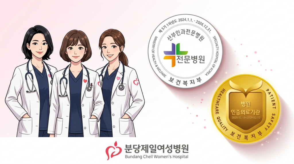 보건복지부 지정 산부인과 전문병원 및 인증의료기관 마크와 함께 흰색 가운을 입은 세 명의 여성 전문의가 환한 미소를 지으며 신뢰감을 주는 모습을 표현한 분당제일여성병원 브랜드 홍보 가이드 일러스트.