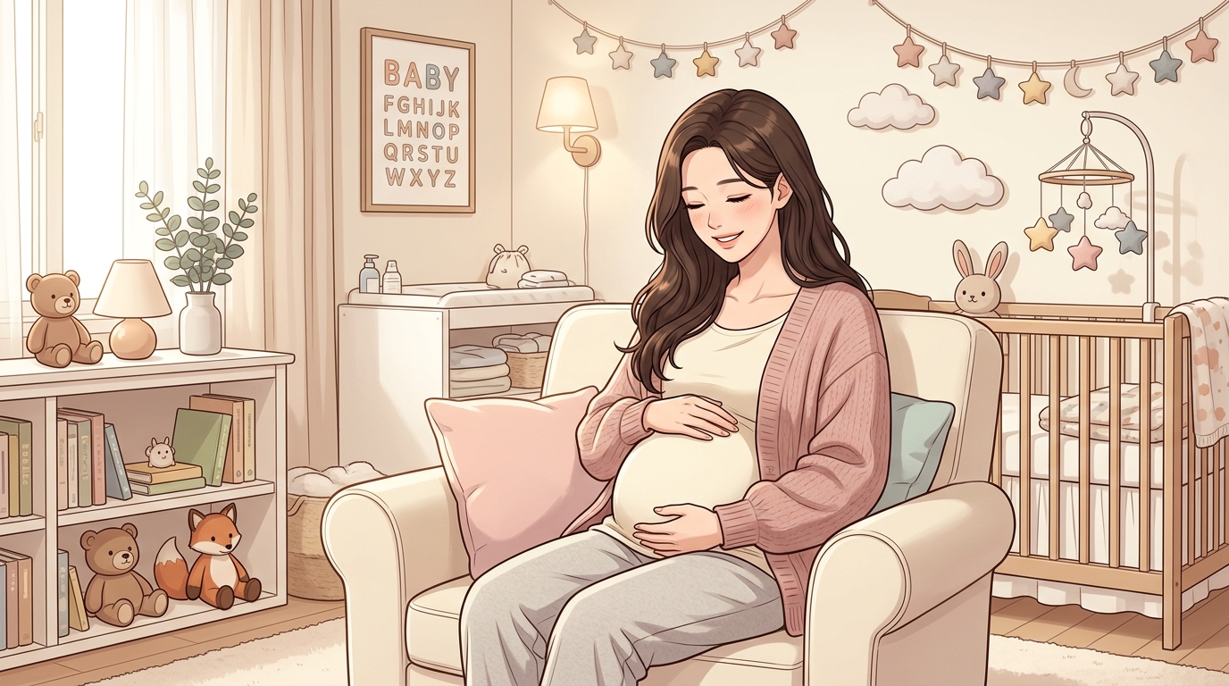 출산 예정일 계산법을 진료실에서 의사가 캘린더로 설명하는 상담 장면 일러스트