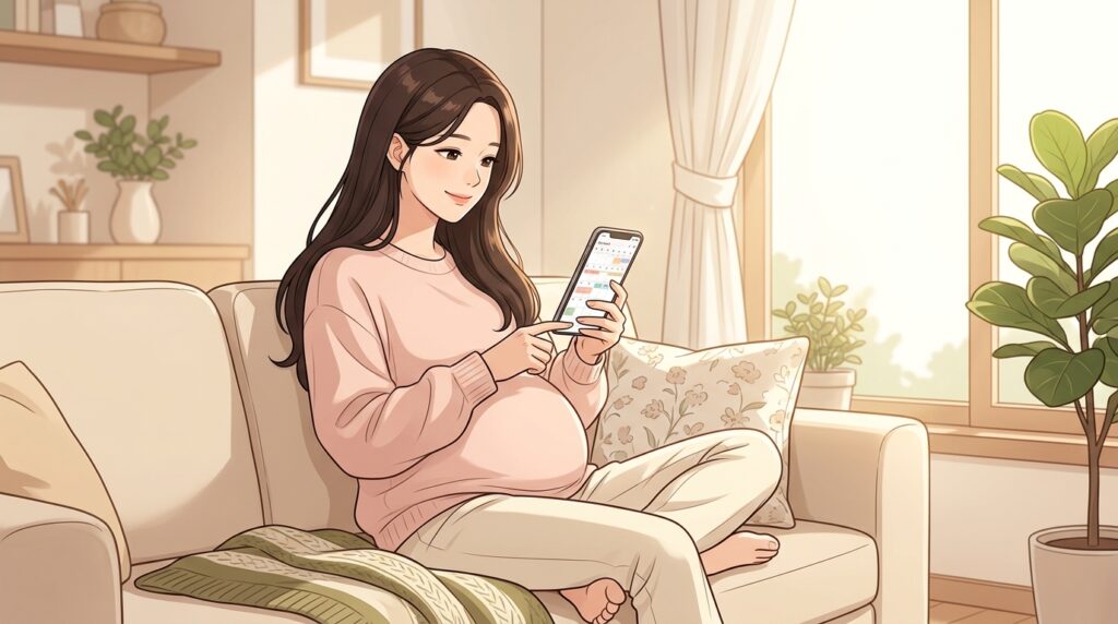 거실 소파에 앉은 임산부가 스마트폰 화면 속 캘린더 앱을 손가락으로 짚으며 미소 짓는 모습을 담은 웹툰 일러스트
