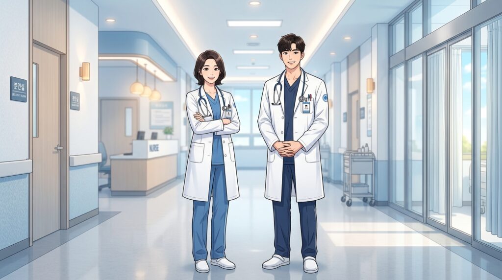 병원 복도에 서있는 남녀 의료진 두 명이 흰 가운을 입고 팔짱을 끼거나 손을 모은 자세로 자신감 있게 웃고 있는 모습을 담은 웹툰 일러스트