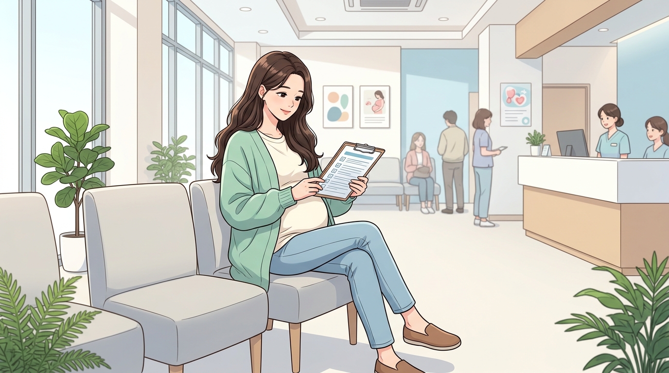 수원 산부인과 선택 전 병원 대기실에서 임산부가 정기검진 체크리스트를 검토하는 모습 일러스트
