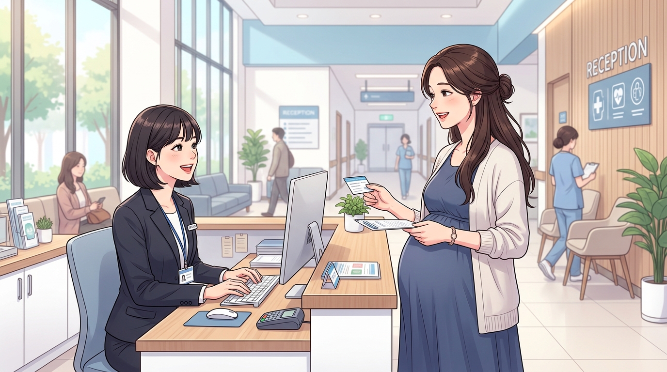 출산 예정일 계산법을 스마트폰 캘린더로 확인하며 미소 짓는 임산부 모습 일러스트