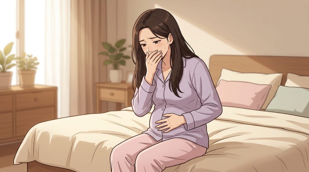 임신 초기 입덧으로 힘들어하는 임산부가 침대에 앉아 입을 가리며 메스꺼움을 느끼는 모습을 담은 일러스트