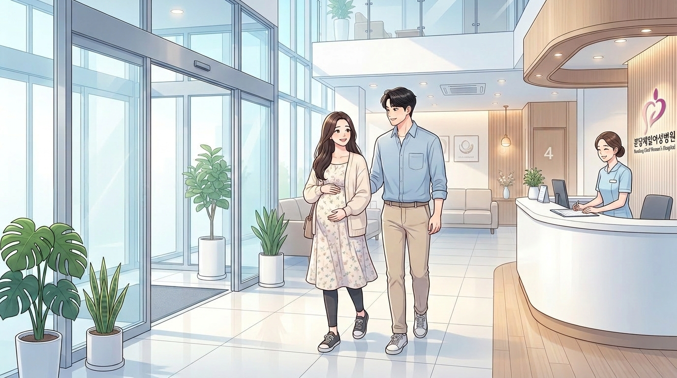 수원 산부인과 선택 후 임산부와 배우자가 분당제일여성병원 로비에 입장하는 모습 일러스트