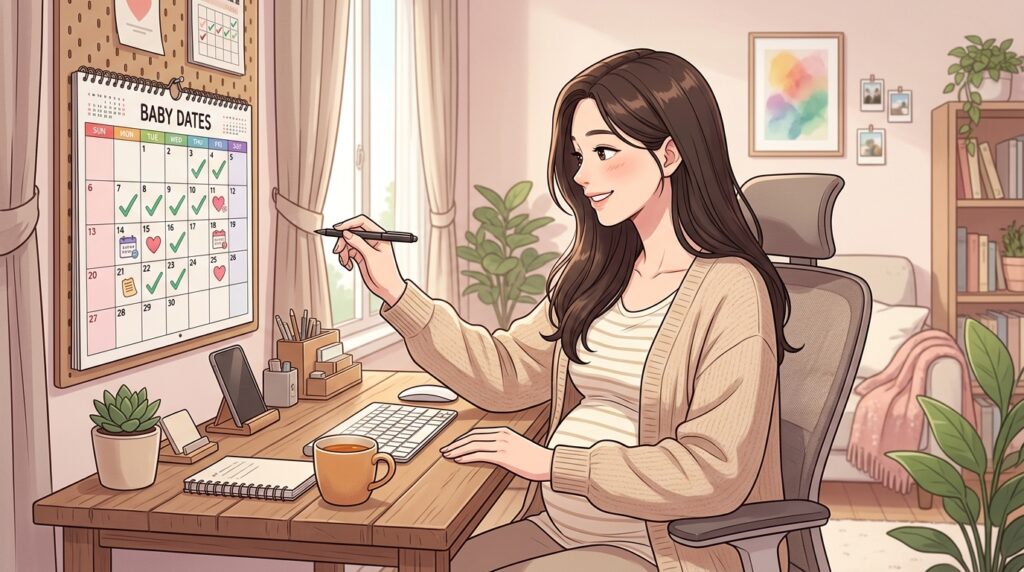 따뜻한 홈 오피스에서 임산부가 벽에 걸린 베이비 데이트 캘린더에 체크 표시를 하며 임신 일정을 관리하는 모습을 담은 웹툰 일러스트