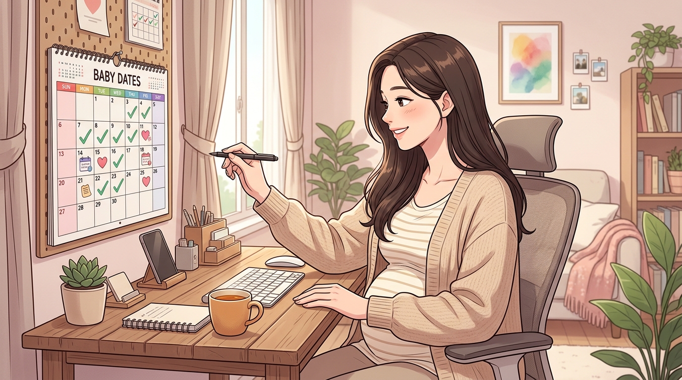 수원 산부인과 선택 전 임산부가 홈 오피스에서 정기검진 캘린더에 일정을 체크하는 모습 일러스트