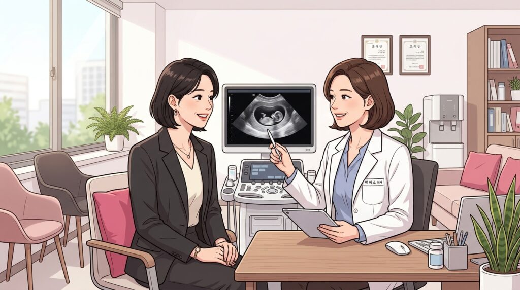초음파 결과 설명을 담은 이미지로 의사가 모니터의 태아 초음파 이미지를 보여주며 환자에게 검사 결과를 설명하는 장면이다. 분당제일여성병원의 전문적인 여성·임신·출산 의료 서비스를 보여준다.