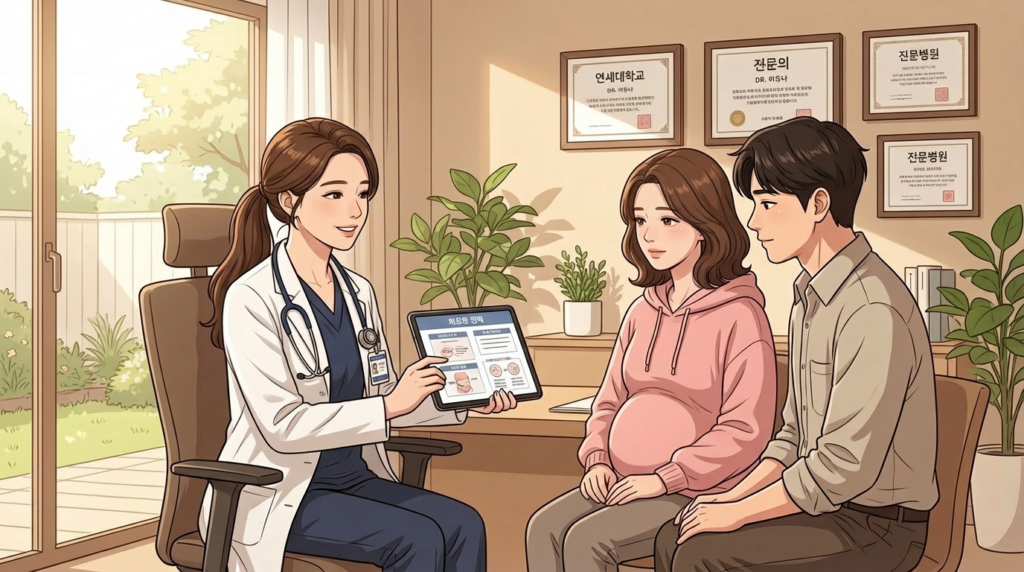 분당선 접근성 안내을 담은 이미지로 지하철 이용 장면과 병원 도착 장면을 나누어 대중교통 접근성과 도보 동선을 설명한다. 분당제일여성병원의 전문적인 여성·임신·출산 의료 서비스를 보여준다.