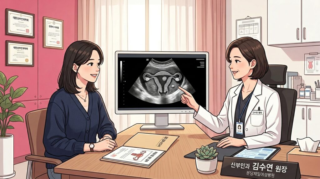 환자 손을 잡는 위로을 담은 이미지로 환자가 남편의 손을 잡고 있고 간호사가 상태를 살피는 장면으로 정서적 지지를 담아낸 이미지다. 분당제일여성병원의 전문적인 여성·임신·출산 의료 서비스를 보여준다.