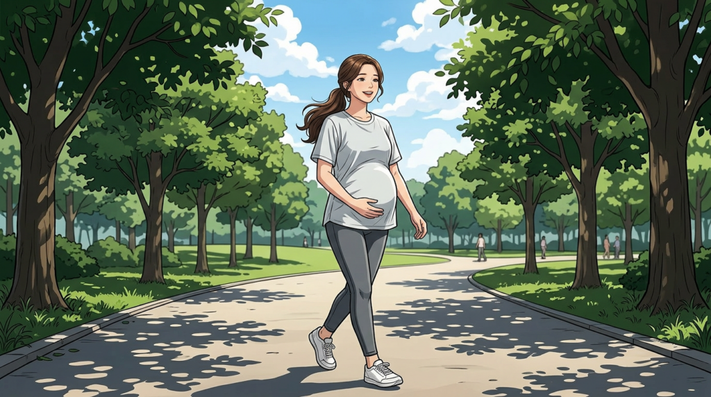 맑은 날 공원 산책을 담은 이미지로 푸른 하늘과 초록 공원에서 환하게 웃으며 걷는 임산부를 통해 건강한 라이프스타일을 전달한다. 분당제일여성병원의 전문적인 여성·임신·출산 의료 서비스를 보여준다.
