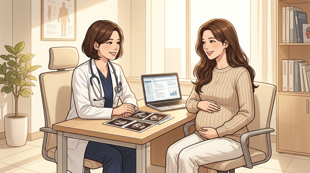 아늑한 햇살이 비치는 분당제일여성의원 진료실에서 미소를 지은 여성 의사가 책상 위에 초음파 사진들과 노트북 화면을 띄워두고 임산부와 다정하게 마주 앉아 정밀 검사 결과를 설명하는 일러스트 이미지입니다.
