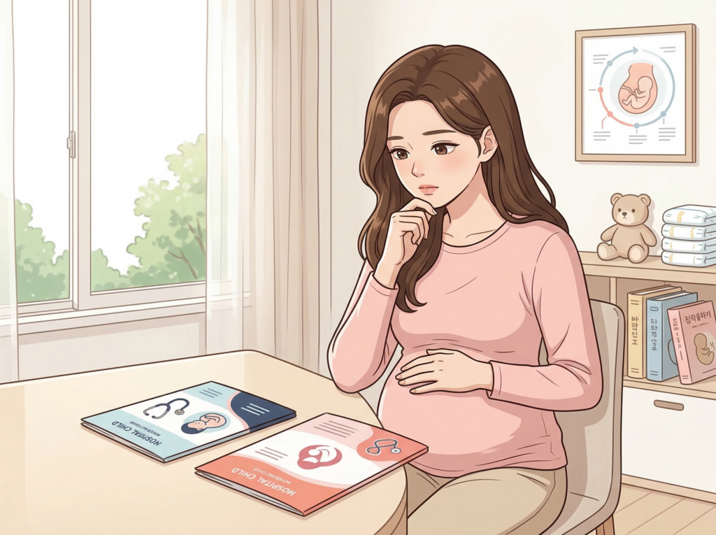 분당제일여성병원의 임산부 맞춤형 교육 및 심리적 안심 케어 서비스를 찾는 임산부의 정보를 읽고 있는 장면 일러스트 이미지입니다.