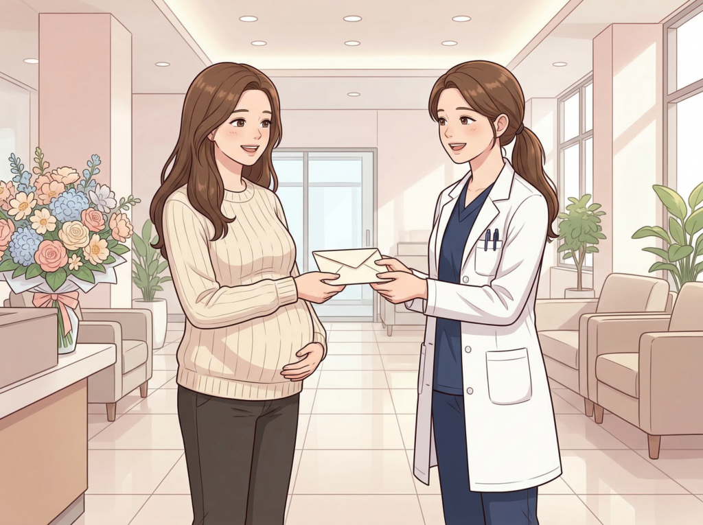 분당제일여성의원 의료진에게 따뜻한 마음과 진심이 담긴 환자의 감사 편지를 소중하게 전달하는 모습을 감성적으로 표현한 일러스트 이미지입니다.