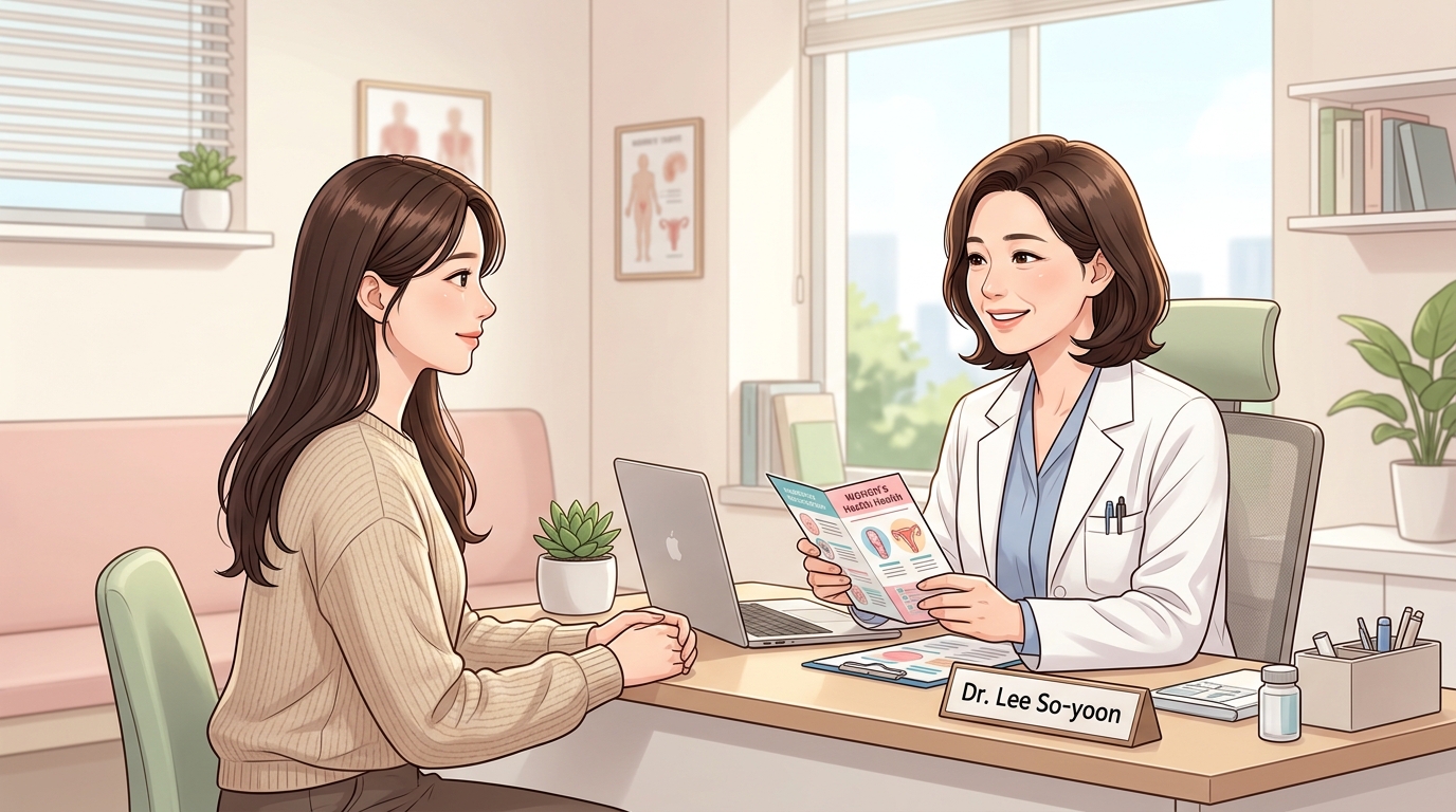 분당제일여성병원에서 여의사가 여성 건강 안내 팸플릿을 들고 생리불순 원인을 환자에게 친절하게 설명하는 진료실 상담 장면 일러스트