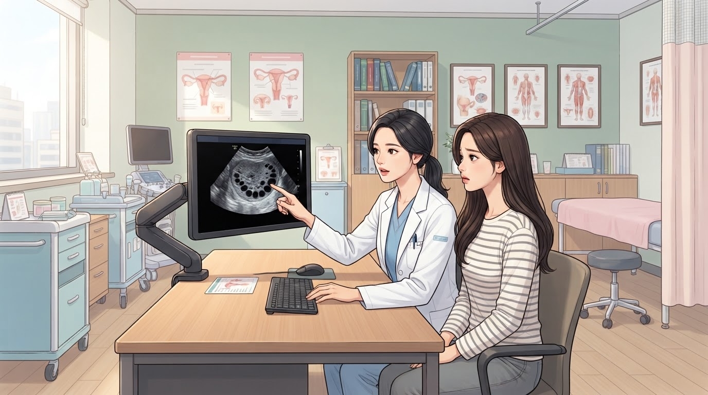 분당제일여성병원 다낭성 난소 증후군 초음파 진단 상담 일러스트 — 진료실에서 여의사가 모니터의 다낭성 난소 초음파 소견을 20대 여성 환자에게 설명하는 장면