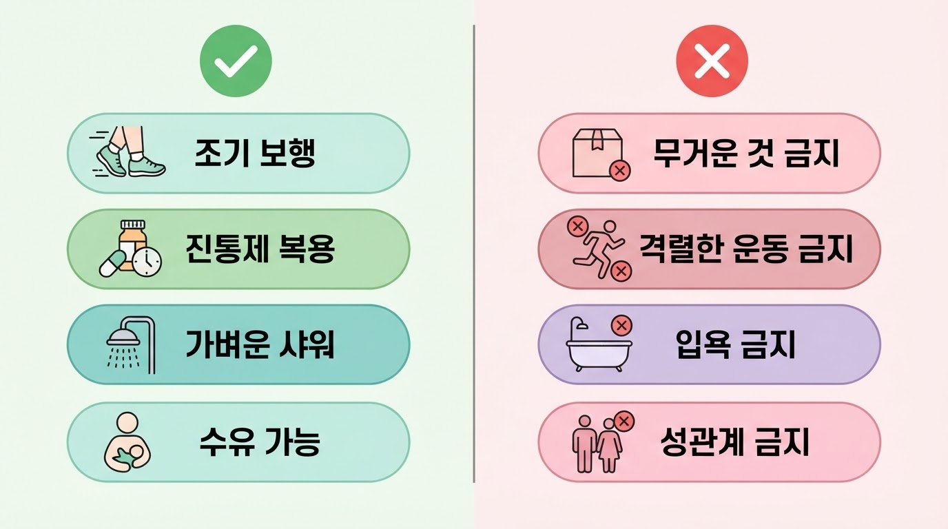 제왕절개 회복 주의사항 인포그래픽 — 조기 보행·진통제 복용·샤워·수유는 권장, 무거운 것 들기·격렬한 운동·입욕·성관계는 금지