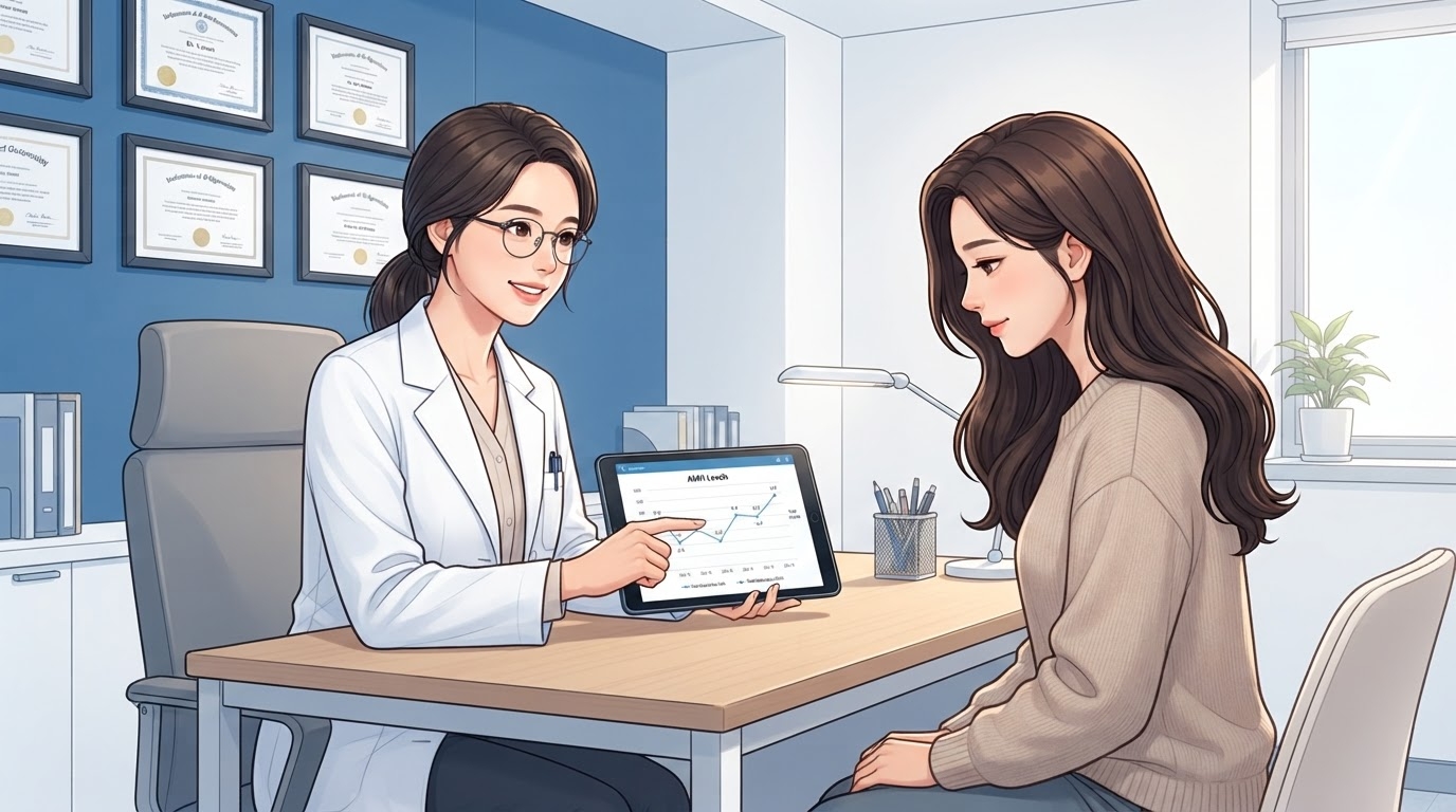 분당제일여성병원 AMH 검사 결과 상담 웹툰 일러스트 — 자격증이 걸린 블루 인테리어 진료실에서 안경 쓴 여의사가 태블릿의 AMH 수치 그래프를 가리키며 환자에게 결과를 설명하는 장면
