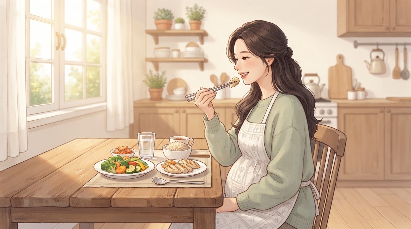 밝은 주방에서 임산부가 저당 식단으로 식사하며 미소 짓는 장면 — 균형 잡힌 식사로 혈당을 조절하는 임신성 당뇨 식이 관리 일러스트
