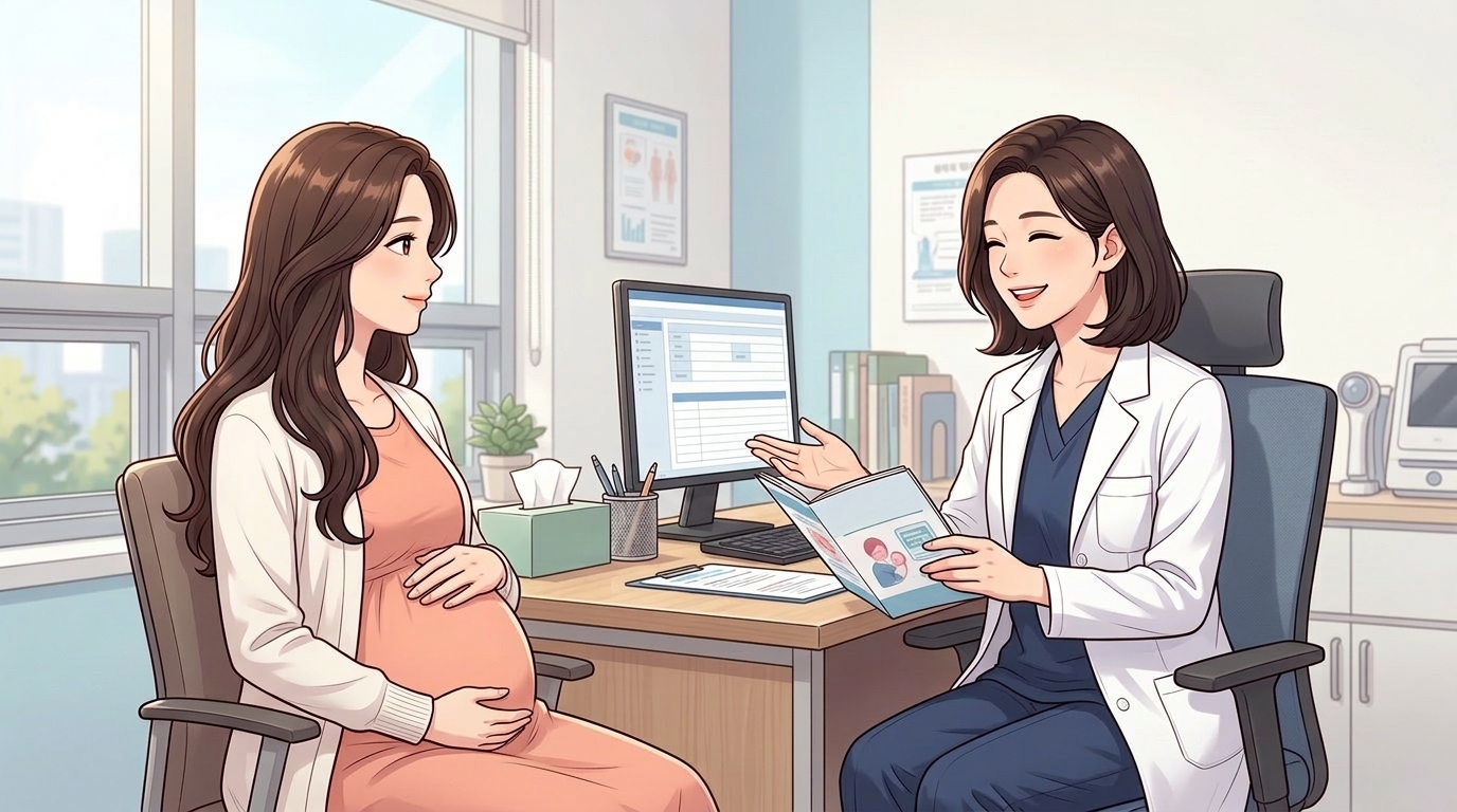 수원 산부인과 진통 완화 시술 사전 상담을 받는 임산부와 마취과 의료진 모습 일러스트