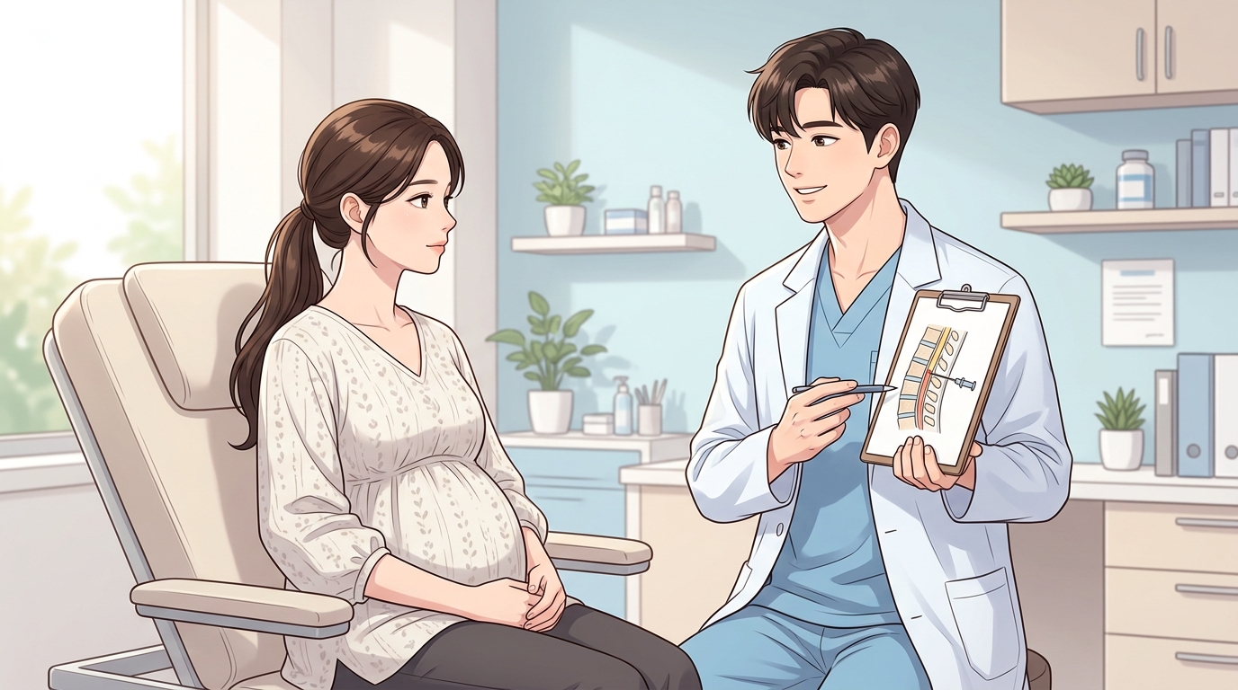 수원 산부인과 찾는다면 받아야 할 무통분만 경막외 마취 구조를 클립보드 그림으로 설명하는 남성 마취과 의사와 임산부의 상담 장면 웹툰 일러스트
