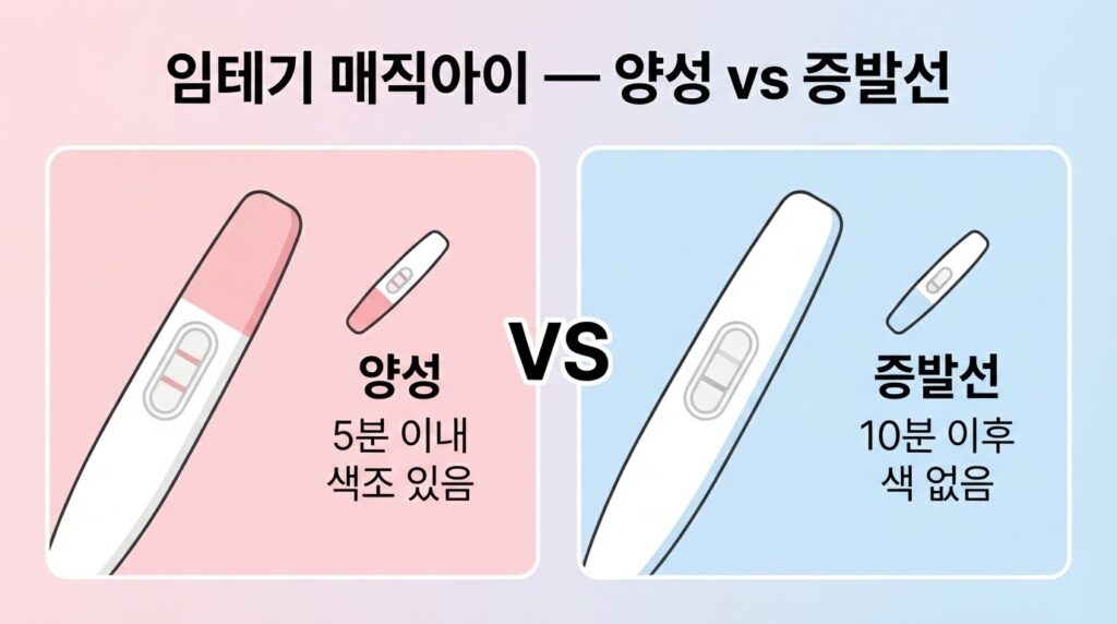 임테기 매직아이 양성 vs 증발선 비교 인포그래픽 — 왼쪽 분홍 배경에 색조 있는 두 줄(양성·5분 이내)과 오른쪽 블루 배경에 무색 흐릿한 선(증발선·10분 이후)을 VS로 나란히 비교한 안내 이미지