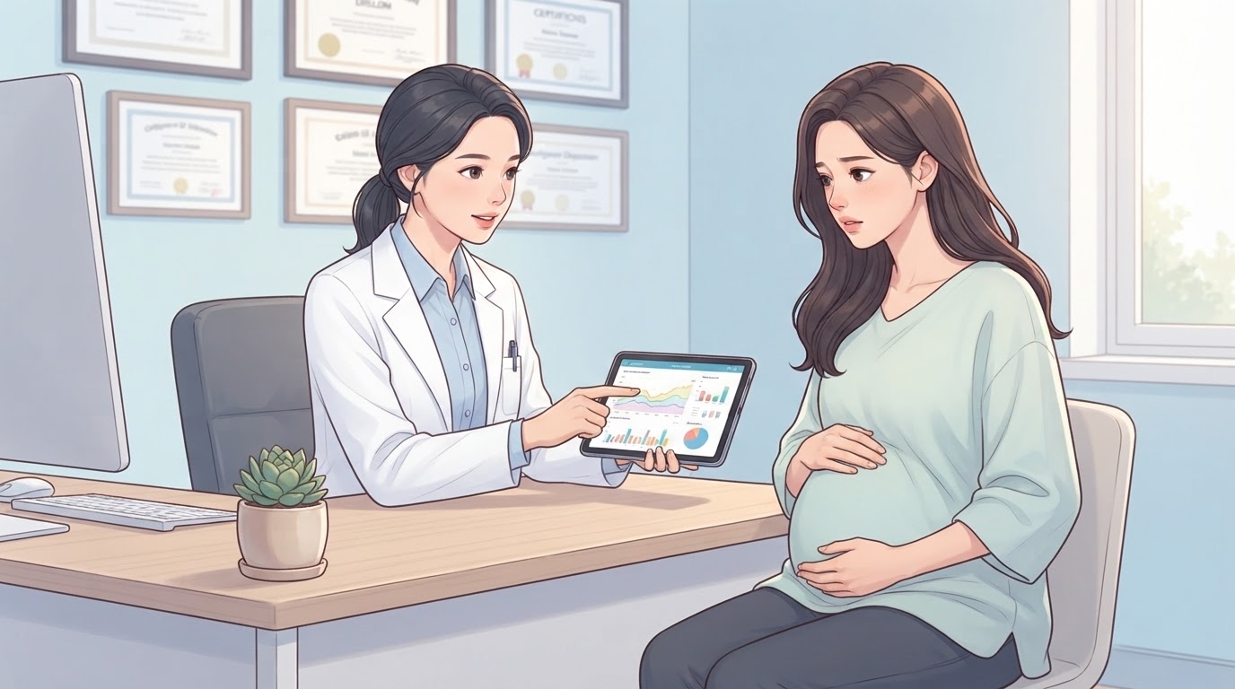분당제일여성병원에서 여의사가 태블릿의 혈당 그래프를 임산부에게 보여주며 설명하는 진료실 상담 장면 일러스트