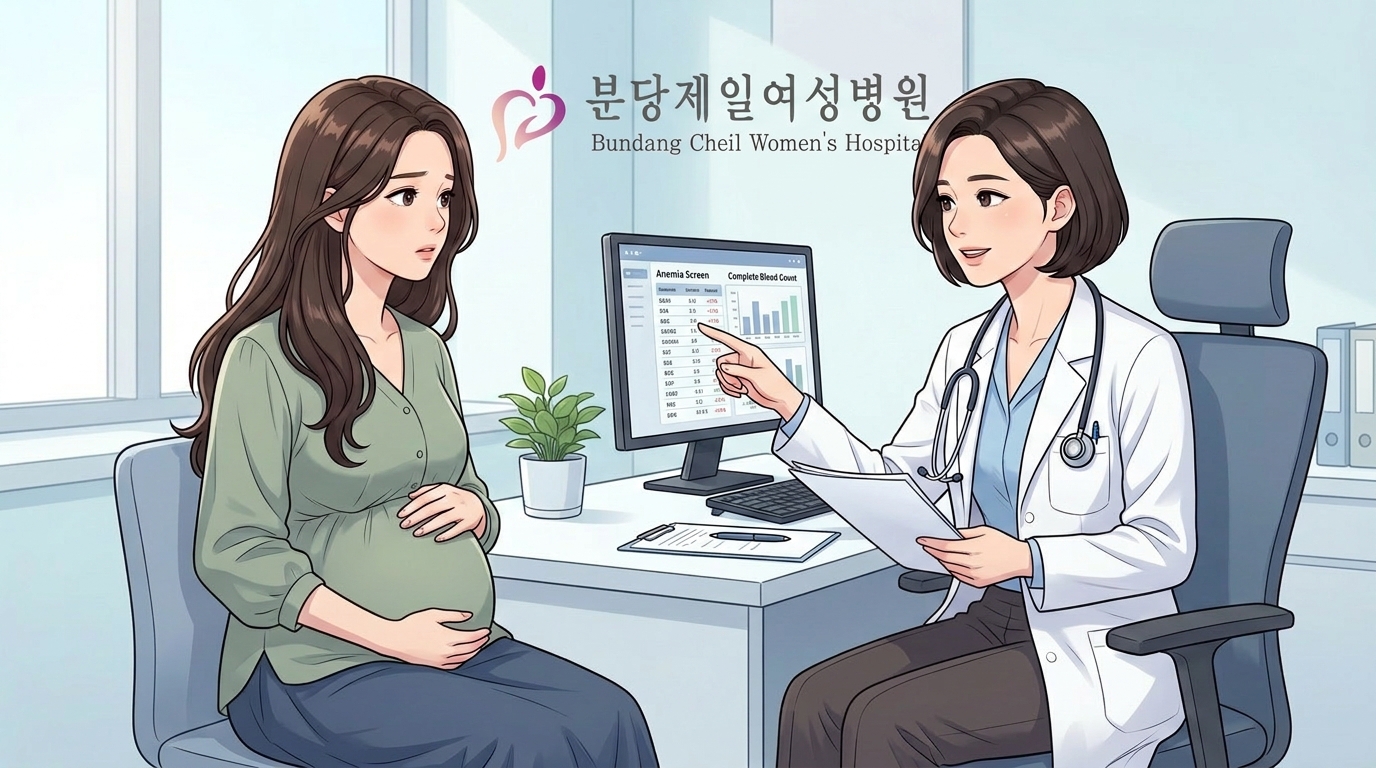임신 중 빈혈 검사 결과를 분당제일여성병원 진료실에서 여의사가 혈액 수치 모니터를 가리키며 임산부에게 설명하는 상담 장면 웹툰 일러스트