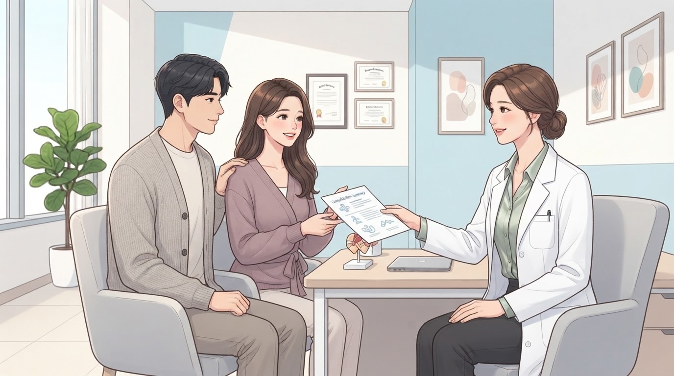 분당 난임센터 진료실에서 여의사가 난임 부부에게 치료 계획 자료를 건네며 인공수정·시험관 치료 방법을 안내하는 상담 장면 일러스트