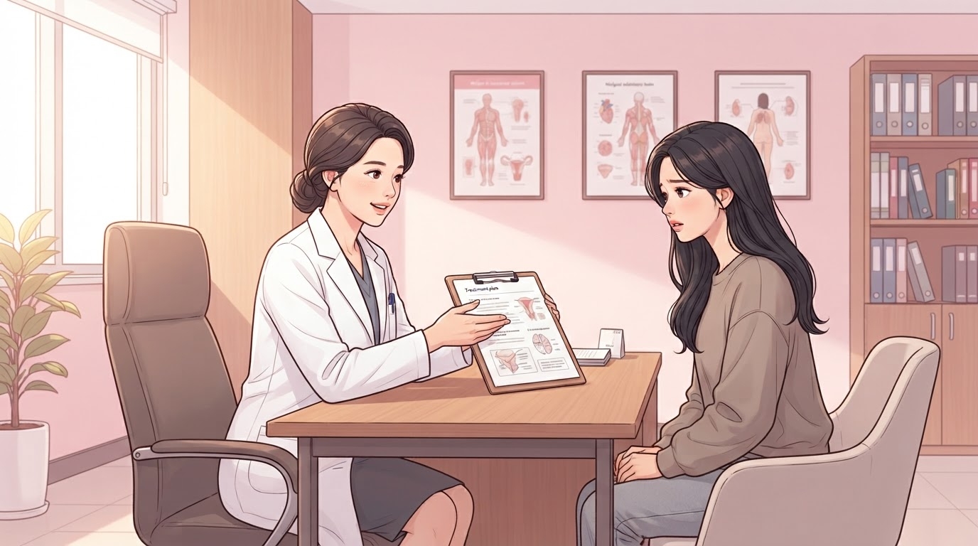분당제일여성병원 다낭성 난소 증후군 상담 일러스트 — 분홍 인테리어 진료실에서 여의사가 클립보드를 들고 PCOS 치료 계획을 20대 여성 환자에게 친절히 설명하는 장면