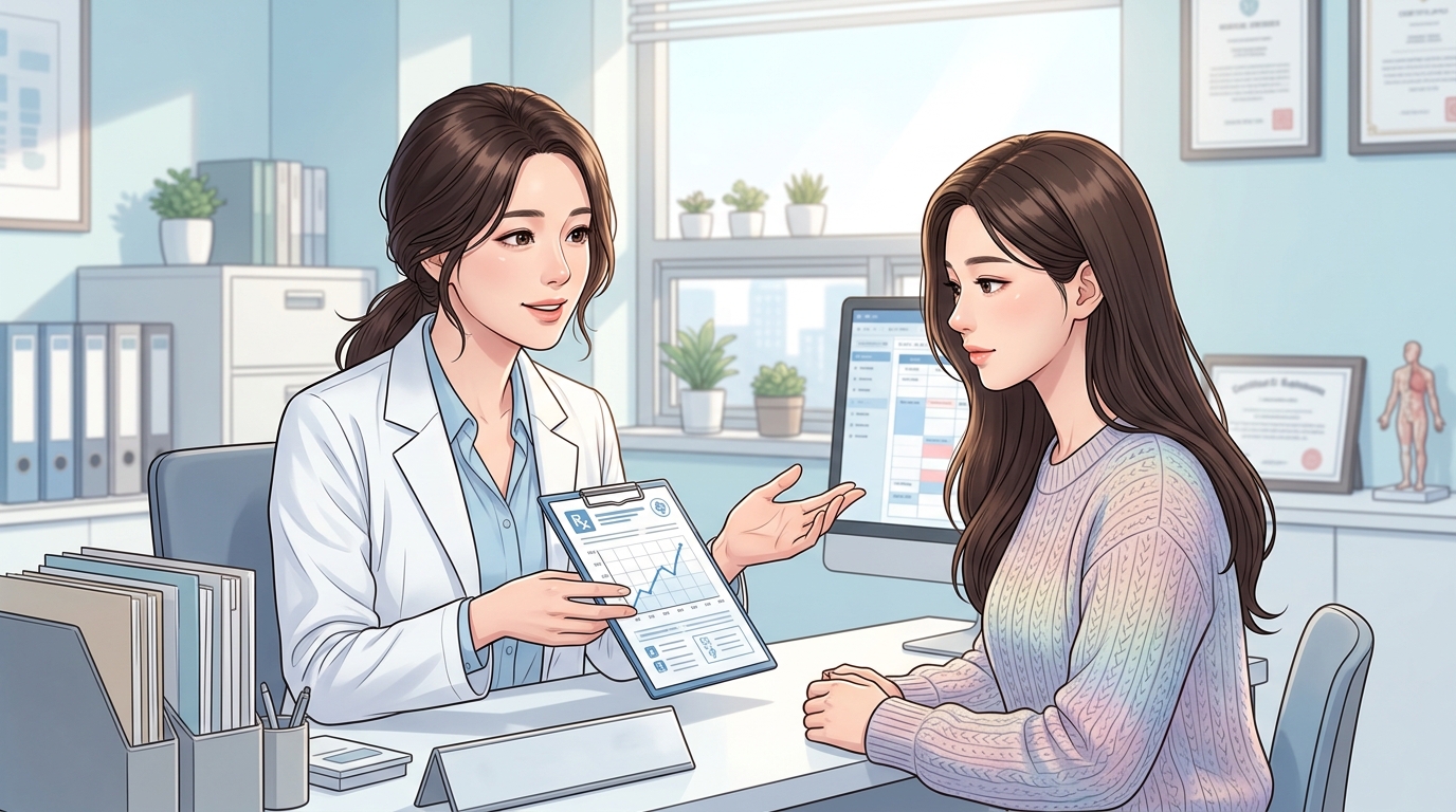 분당제일여성병원 진료실에서 여의사가 호르몬 검사 결과가 담긴 클립보드를 들고 생리불순 원인을 환자에게 설명하는 상담 장면 일러스트