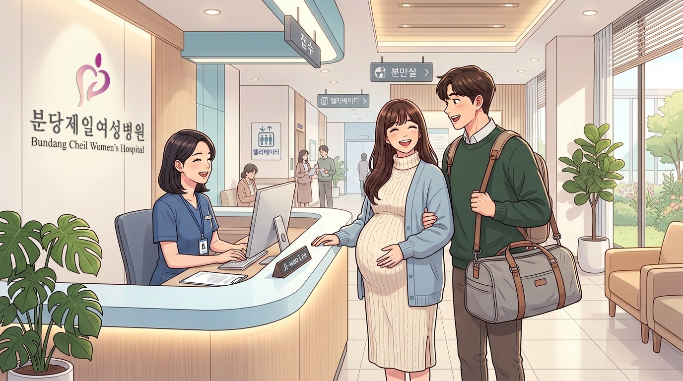 출산가방을 든 배우자와 함께 분당제일여성병원 접수 데스크에서 밝게 웃으며 입원 수속하는 임산부 모습 웹툰 일러스트