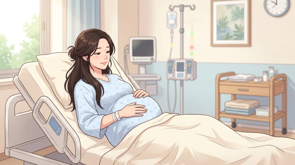 무통분만 시술 후 분만실 침대에 편안히 기대어 배를 쓰다듬으며 평온하게 미소 짓는 임산부의 안도한 모습을 담은 파스텔 웹툰 일러스트
