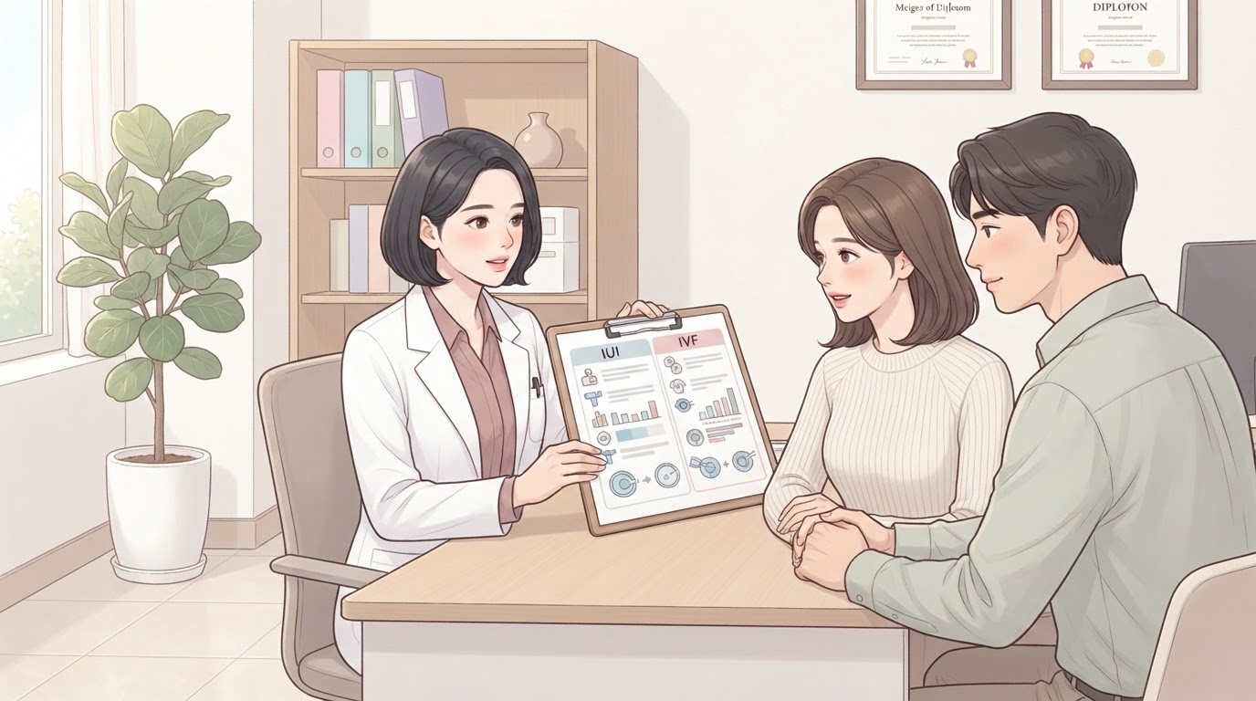 분당 난임센터에서 여의사가 IUI·IVF 비교표가 담긴 클립보드를 난임 부부에게 보여주며 인공수정 시험관 차이를 설명하는 상담 장면 일러스트