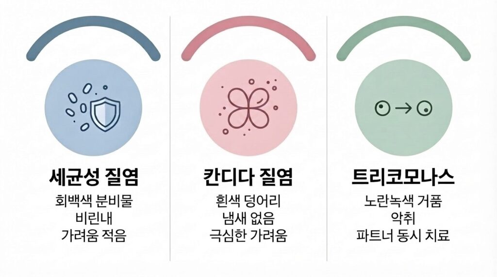 세균성 질증·칸디다 질염·트리코모나스 질염 3가지 종류의 분비물 색·냄새·가려움 특징을 비교한 질염 종류 인포그래픽