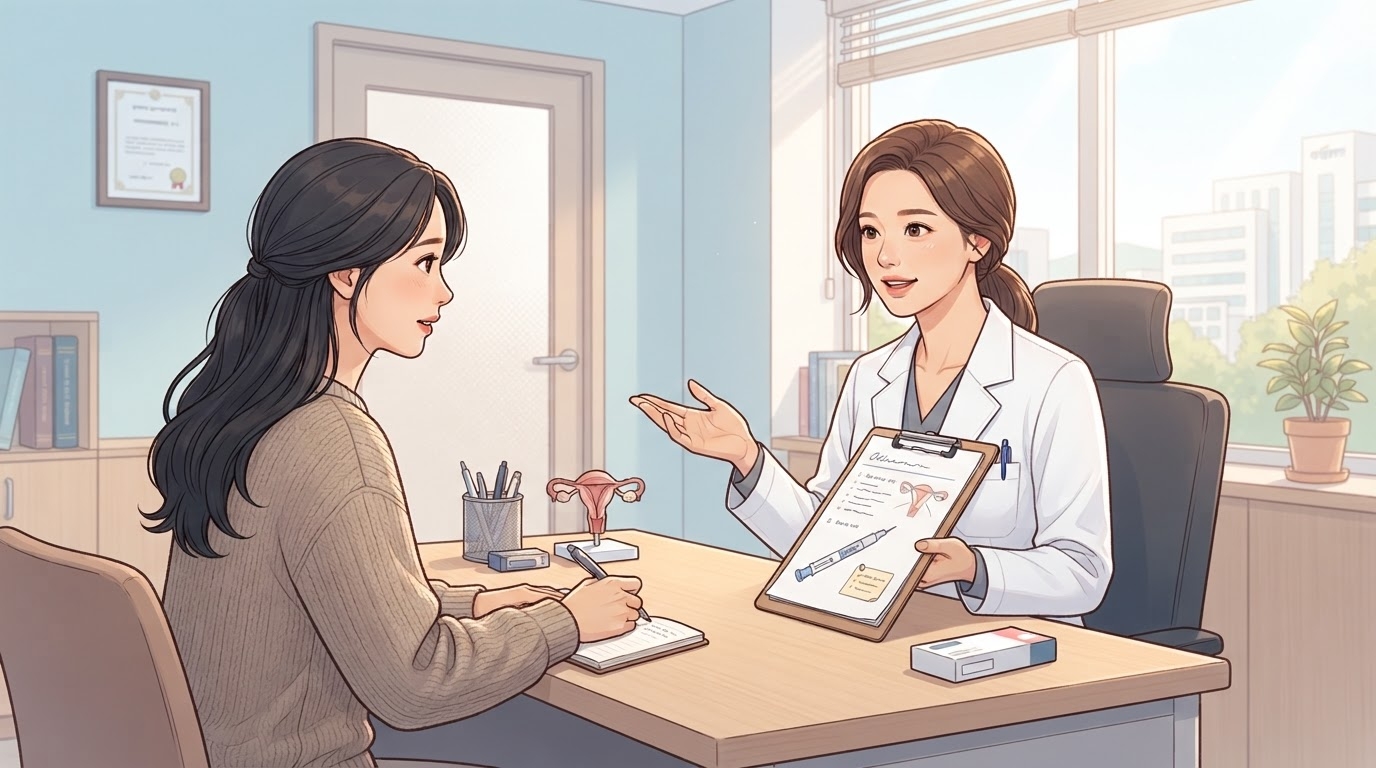 과배란 유도 과정 단계별 인포그래픽 — 사전검사·주사시작·모니터링·HCG트리거·난자채취 5단계를 파스텔 블루 화살표로 연결한 분당제일여성병원 안내 이미지