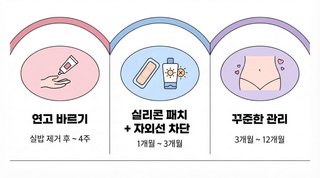 제왕절개 흉터 케어 3단계 인포그래픽 — 실밥 제거 후 연고 바르기, 실리콘 패치와 자외선 차단, 3개월~12개월 꾸준한 관리