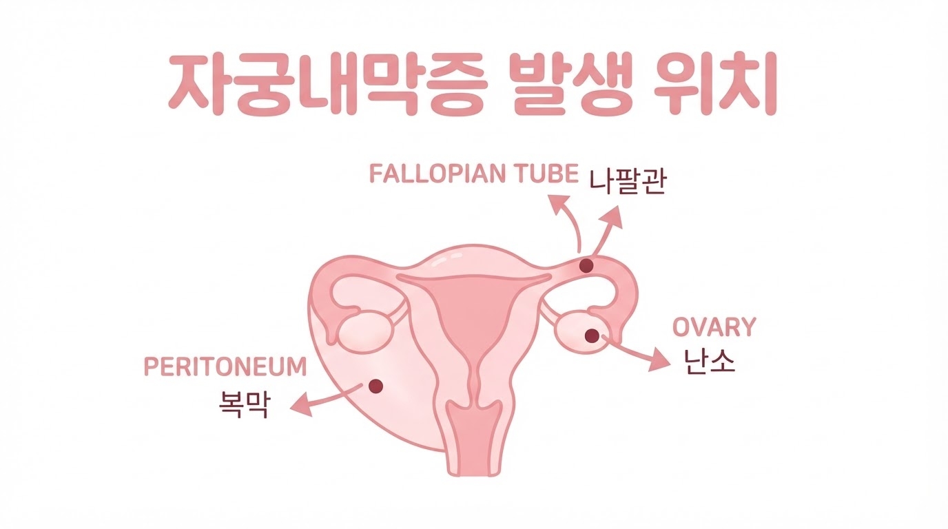 자궁내막증 발생 위치를 한글·영문 이중 라벨로 표시한 자궁 해부 인포그래픽 — 나팔관·난소·복막 위치에 병변 점 표시