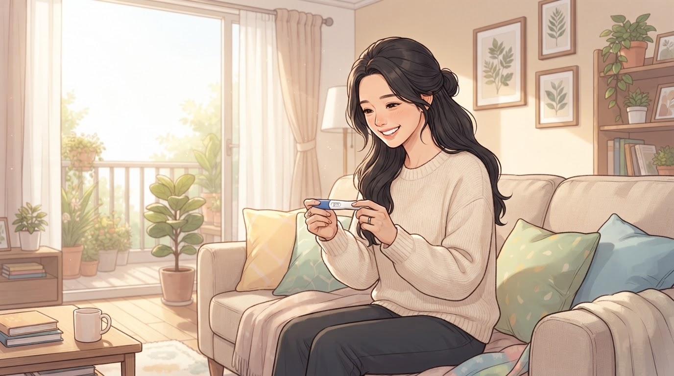 임신 테스트기 사용 일러스트 — 밝은 욕실에서 30대 여성이 임신 테스트기를 확인하며 긴장된 표정으로 결과를 기다리는 웹툰 장면, 파스텔 핑크 블루 인테리어