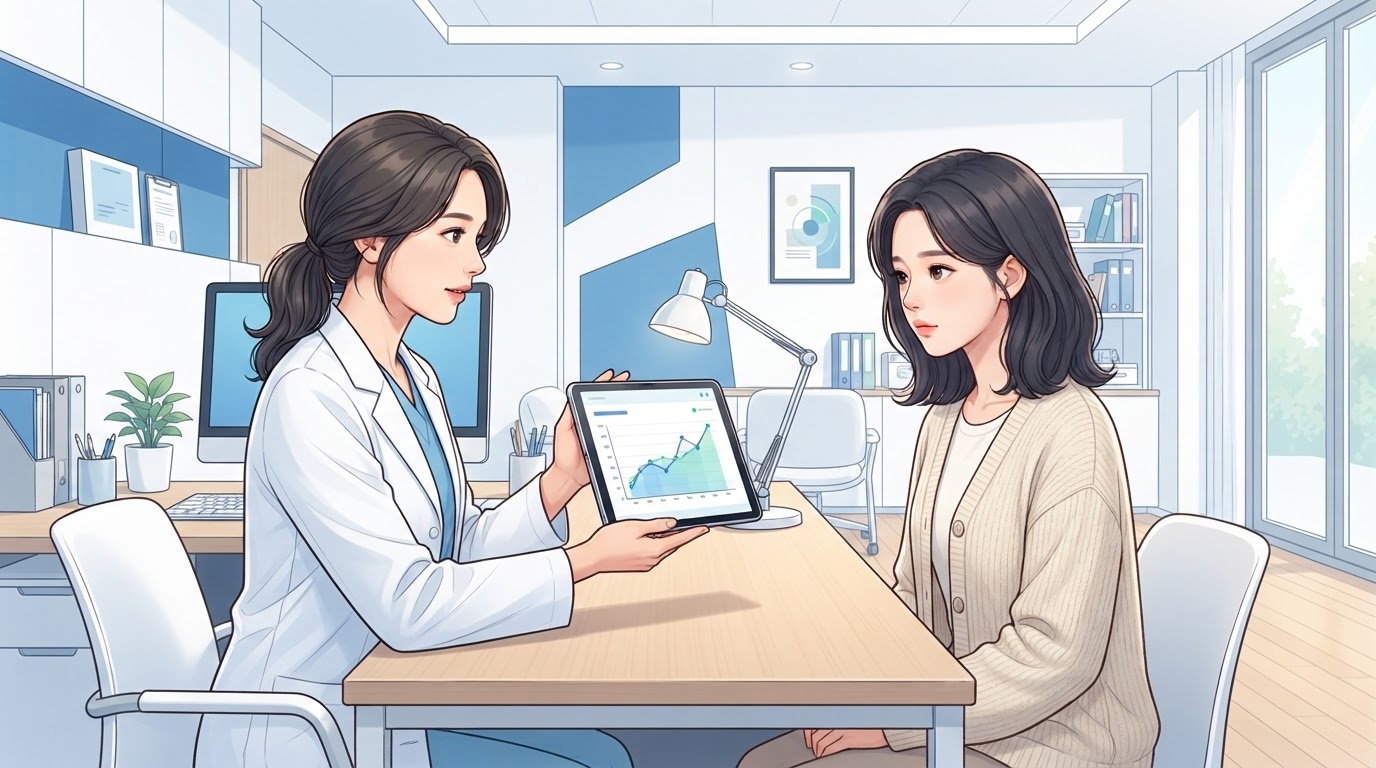분당제일여성병원 AMH 수치 변화 모니터링 상담 웹툰 일러스트 — 블루 화이트 톤 진료실에서 여의사가 태블릿의 AMH 수치 추이 그래프를 환자에게 보여주며 치료 경과를 설명하는 장면