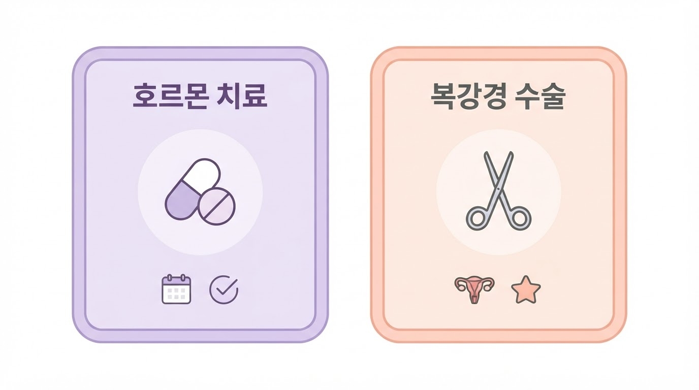 자궁내막증 치료법을 호르몬 치료와 복강경 수술 두 가지 카드로 비교한 심플 인포그래픽 — 라벤더·피치 컬러 카드 아이콘 일러스트
