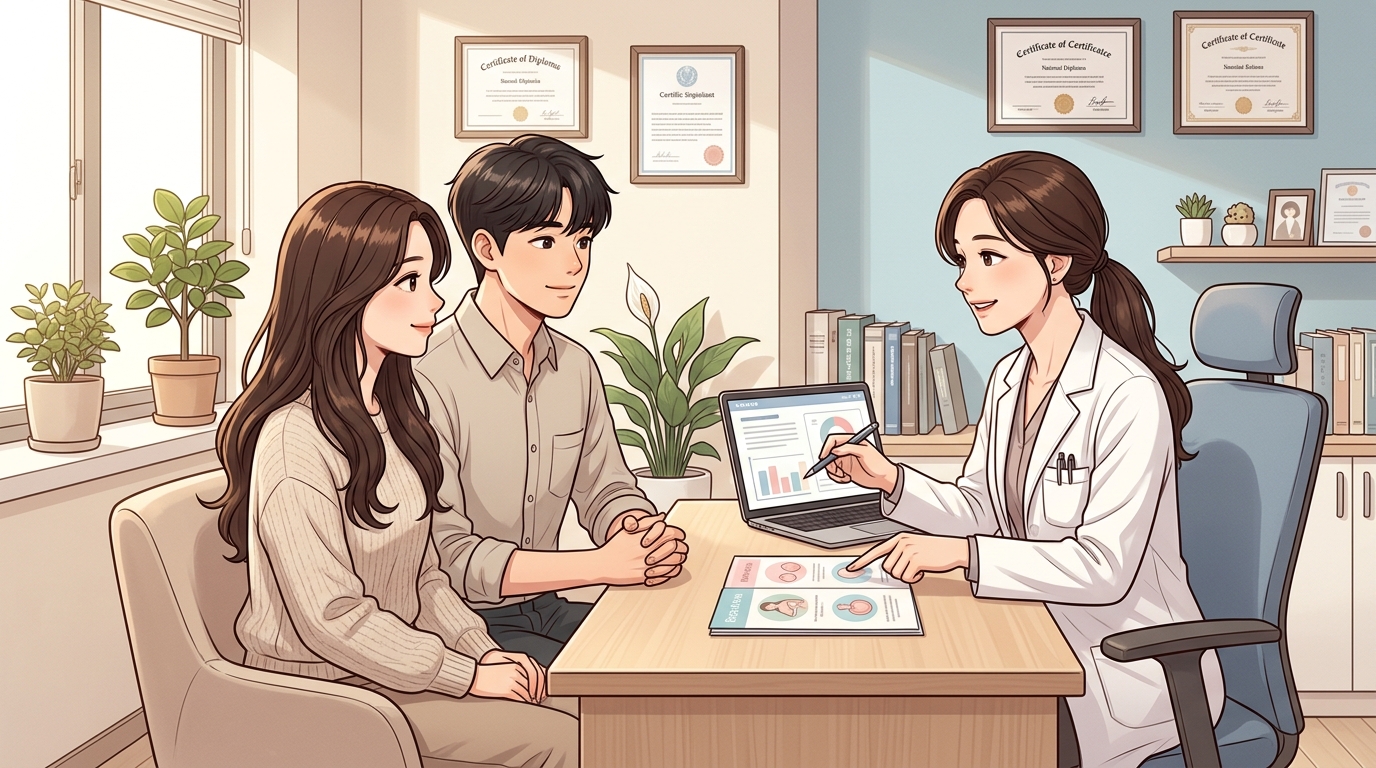분당 난임센터에서 여의사가 노트북과 시술 안내 자료를 보여주며 난임 부부에게 초기 상담을 진행하는 진료실 장면 웹툰 일러스트