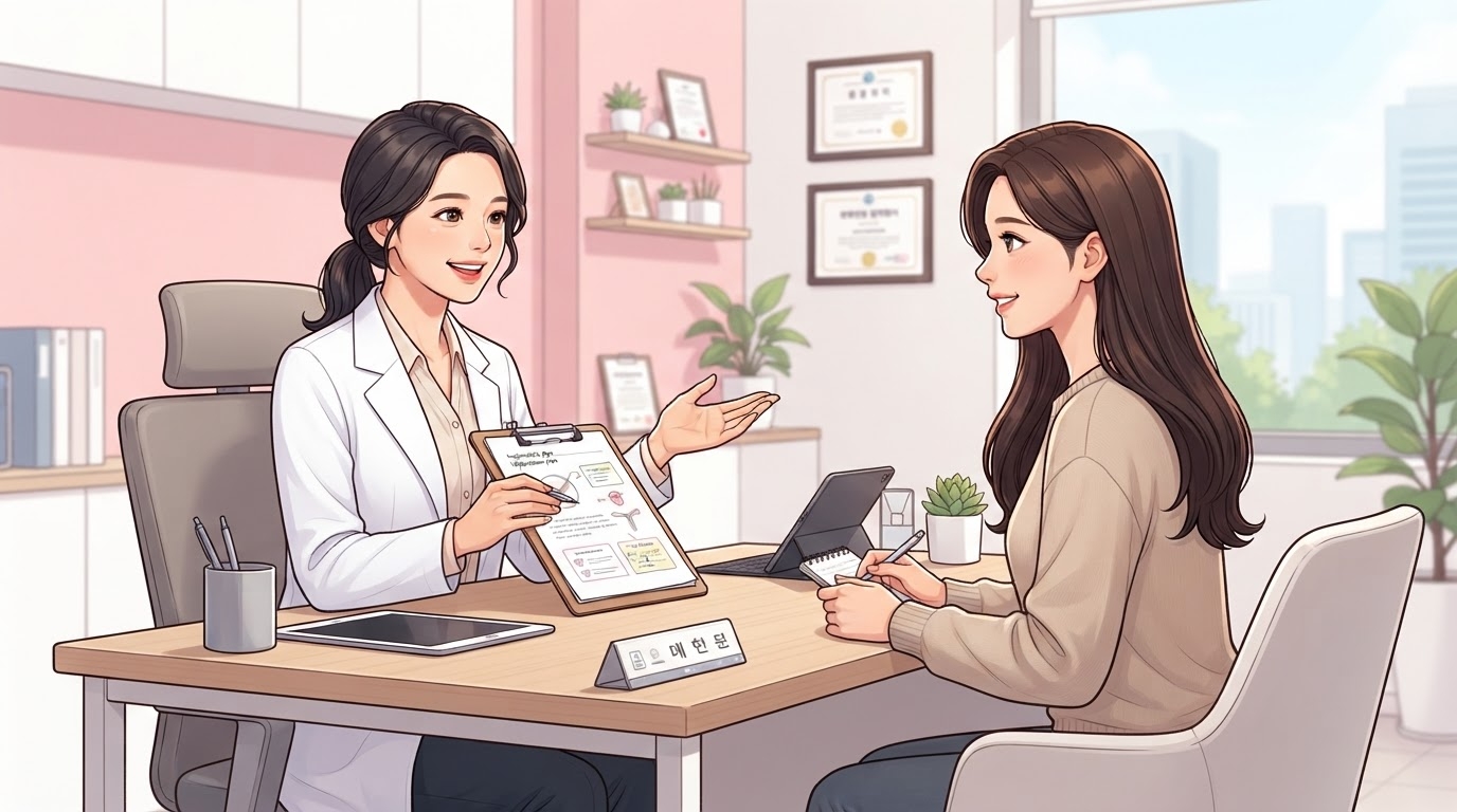 분당제일여성병원 착상 준비 전문의 1:1 맞춤 상담 웹툰 일러스트 — 분홍 톤 진료실에서 여의사가 착상 준비 단계 계획이 적힌 클립보드를 들고 맞은편 환자에게 친절하게 설명하는 장면