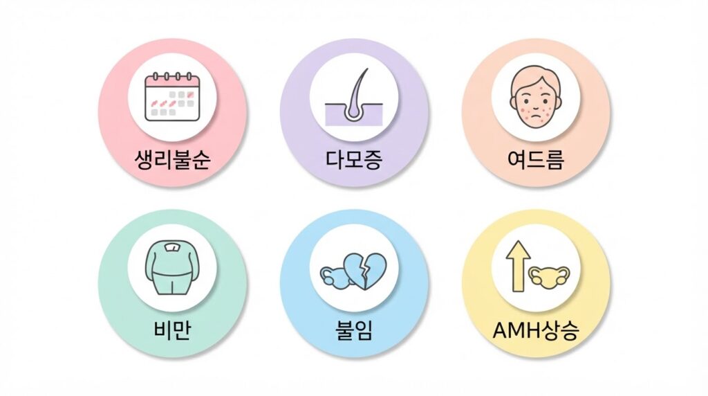 다낭성 난소 증후군 PCOS 증상 6가지 인포그래픽 — 생리불순·다모증·여드름·비만·불임·AMH상승을 파스텔 원형 아이콘 카드로 나열한 안내 이미지