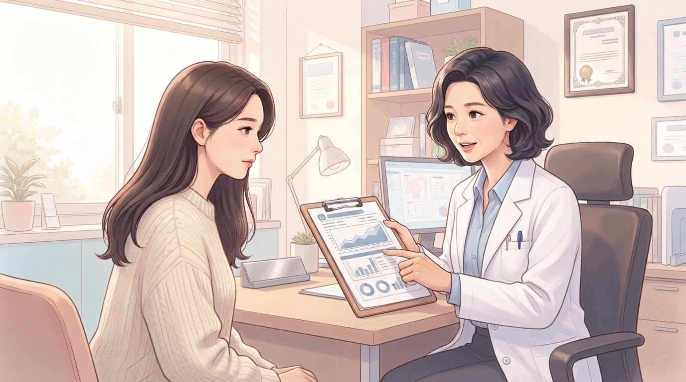 성남 난임센터에서 여의사가 클립보드의 호르몬 검사 결과를 여성 환자에게 설명하는 여성 난임 검사 상담 장면 일러스트