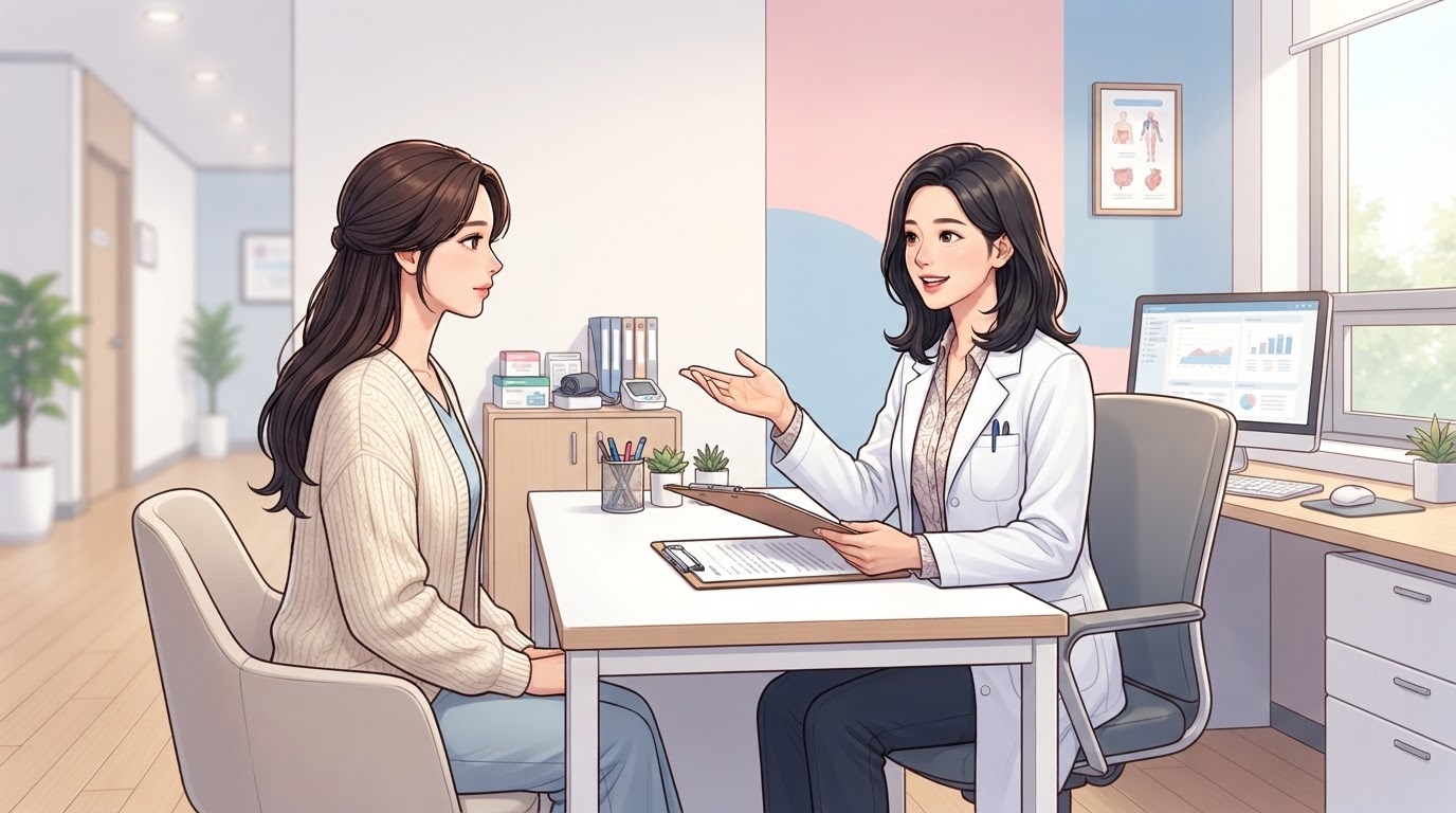 분당제일여성병원 착상 준비 호르몬·AMH 검사 결과 안내 웹툰 일러스트 — 파스텔 블루핑크 톤 밝은 진료실에서 여의사가 클립보드를 들고 검사 결과를 환자에게 친절히 설명하는 상담 장면