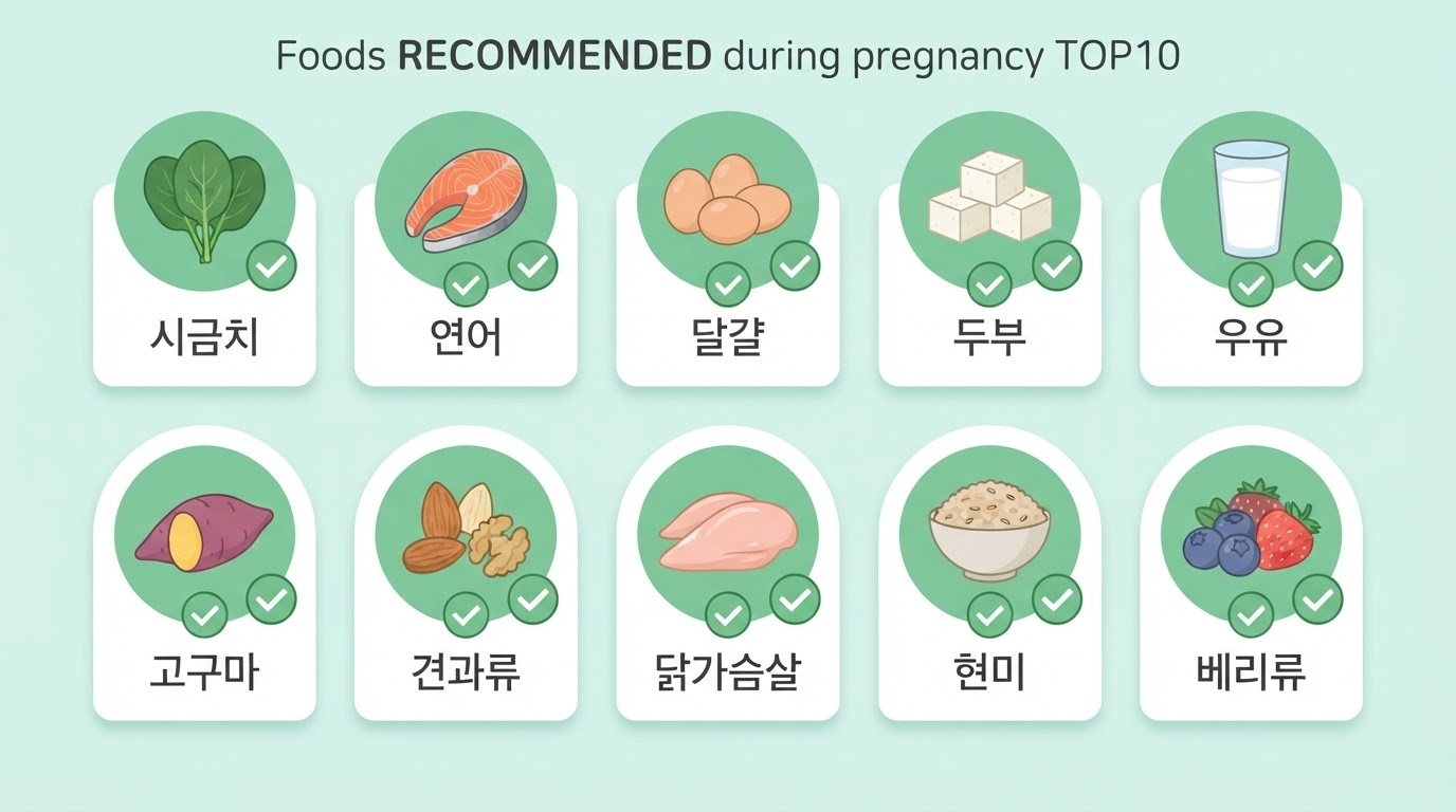 임신 중 먹어도 되는 음식 TOP 10 인포그래픽 — 연어·두부·시금치·달걀·견과류·우유 등을 초록 아이콘으로 표시한 임신부 권장 식품 안내 이미지