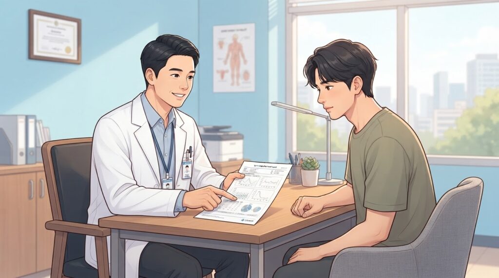 분당제일여성병원 남성 정자 검사 결과 상담 일러스트 — 파스텔 블루 진료실에서 남자 의사가 정자 검사 결과지를 가리키며 30대 남성 환자에게 정상 수치와 치료 방향을 친절히 설명하는 밝은 웹툰 장면