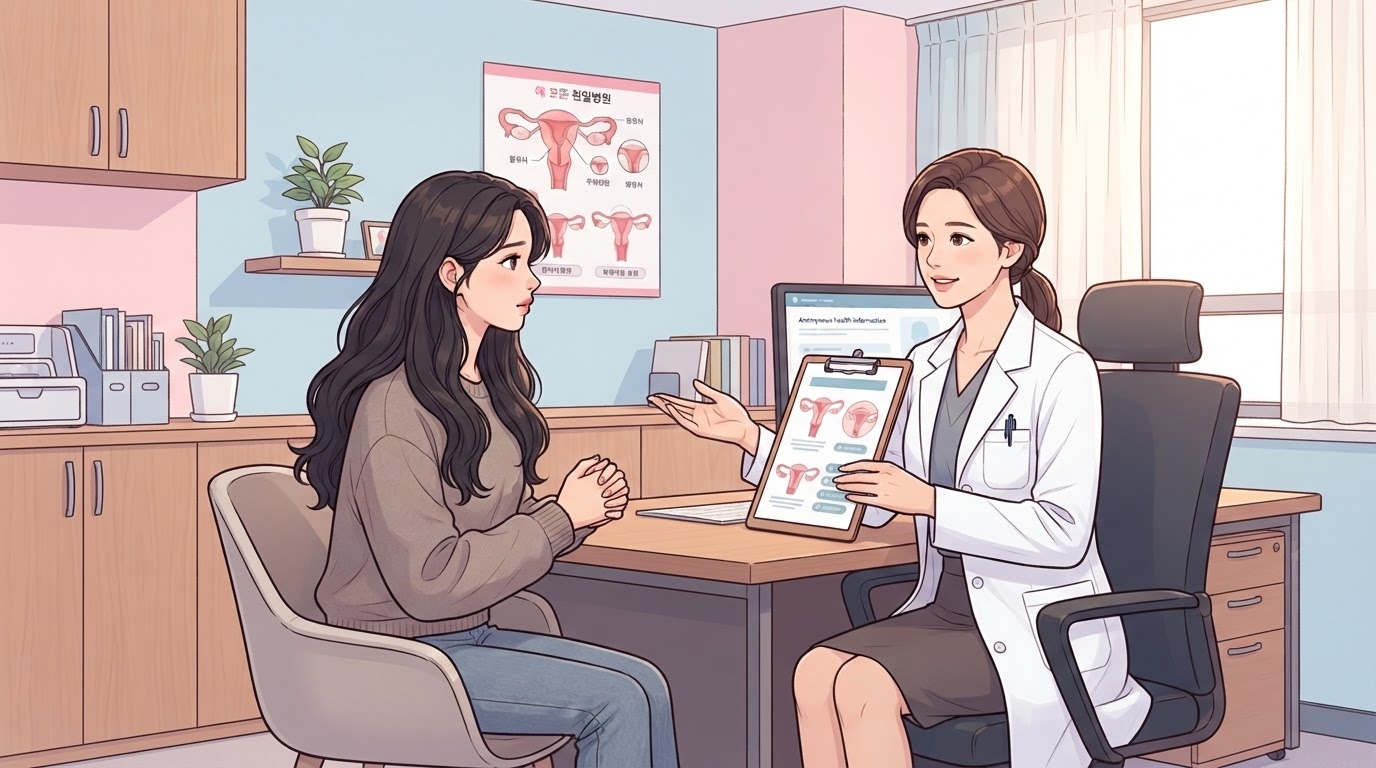 생리통 치료 방법 인포그래픽 — 진통제 복용·온열 요법·경구피임약·수술 치료 옵션을 파스텔 블루핑크 카드로 구분한 분당제일여성병원 안내 이미지