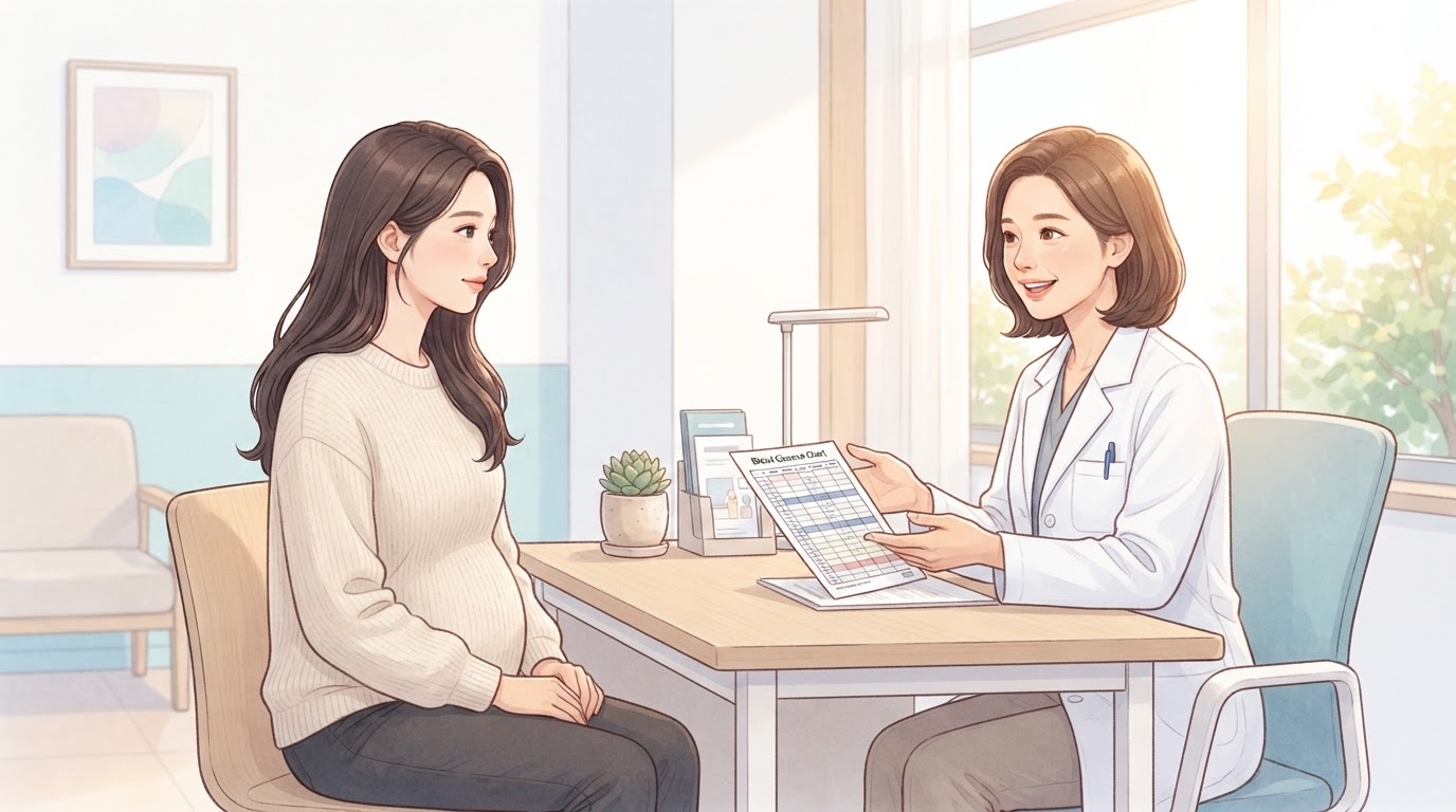 분당제일여성병원 진료실에서 여의사가 혈당 차트를 임산부에게 보여주며 임신성 당뇨 관리 방법을 안내하는 밝은 상담 장면 일러스트