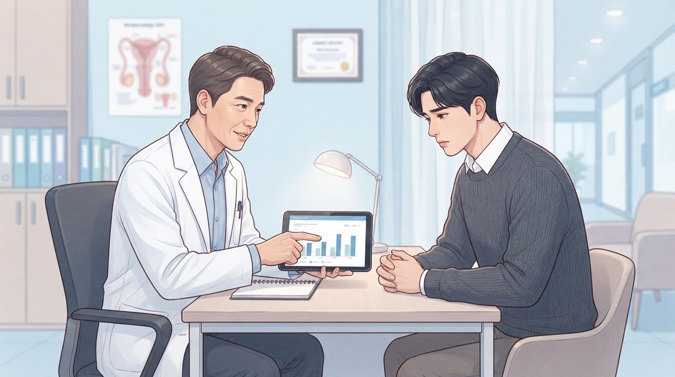 성남 난임센터에서 남성 의사가 태블릿의 정액 분석 그래프를 남성 환자에게 설명하는 남성 난임 검사 상담 장면 일러스트